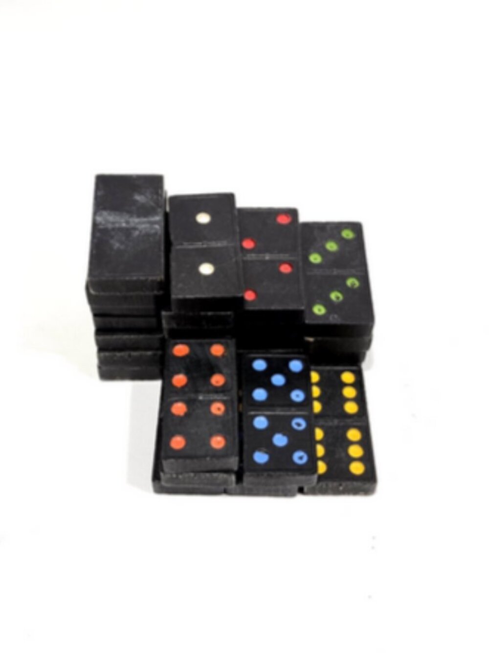 Antique Vintage Halsam Handpainted Black&Multi Wood Dominoes Dbl Six Set of 28